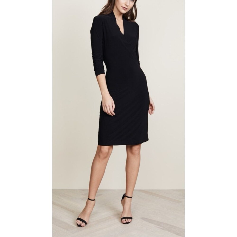 Norma Kamali Dress Black L Large Stretch V Neck Faux Wrap Long Sleeve Washable